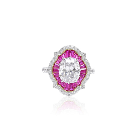Cushion Diamond Ring with Ruby Baguette