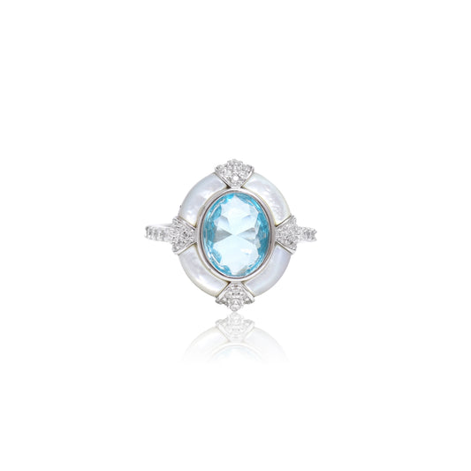 Aquamarine Mother of Pearl Diamond Halo Ring