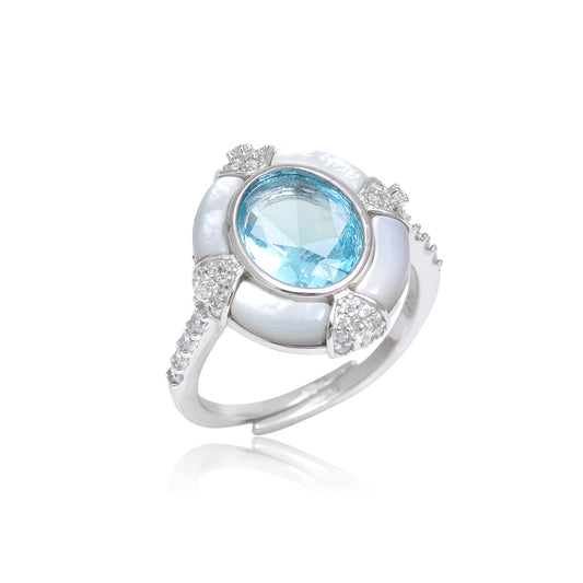 Aquamarine Mother of Pearl Diamond Halo Ring