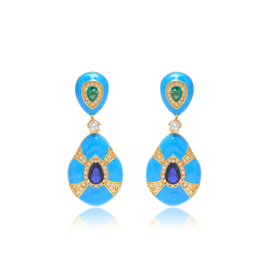 Turquoise and Sapphire Teardrop Statement Earrings in Gold Finish