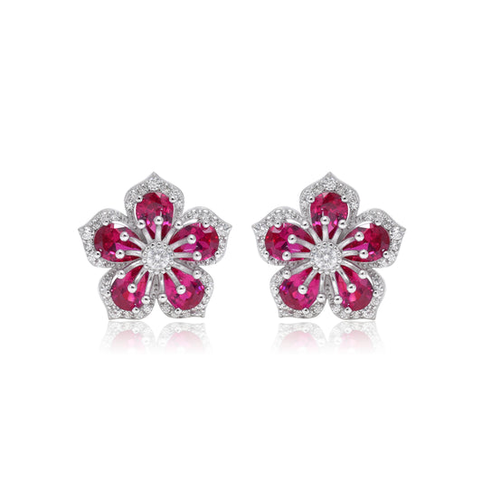 Elegant Ruby Flower Earrings in Sterling Silver