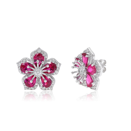 Elegant Ruby Flower Earrings in Sterling Silver