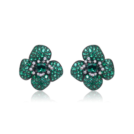 Green Floral Pavé Stud Earrings