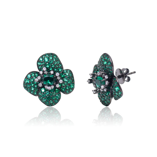 Green Floral Pavé Stud Earrings
