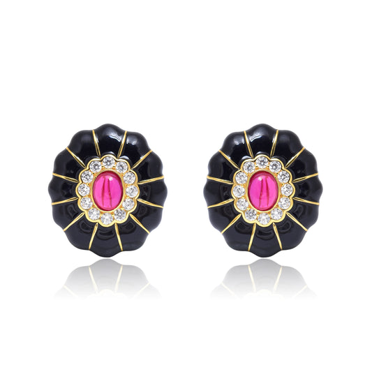 Vintage Black Enamel Flower Statement Earrings