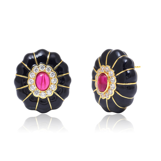 Vintage Black Enamel Flower Statement Earrings