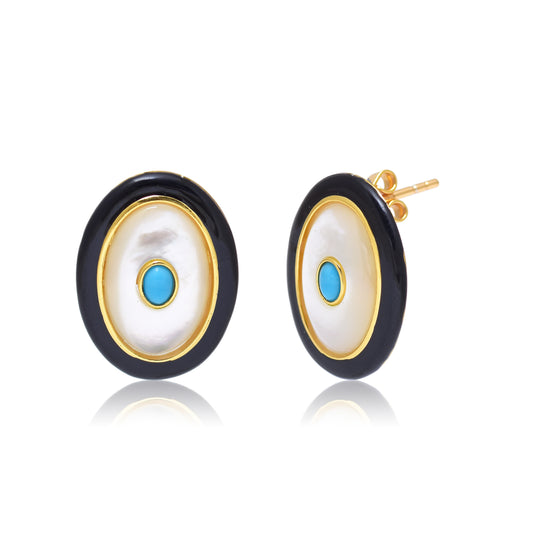 Black Enamel Mother of Pearl Turquoise Earrings