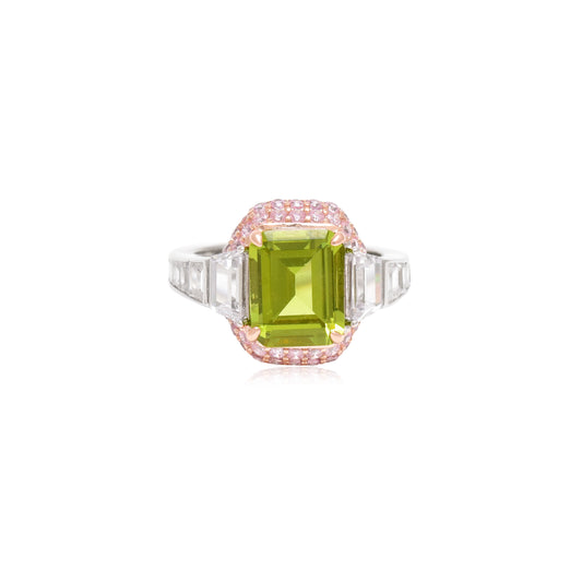 Emerald-Cut Green and Pink Halo Ring
