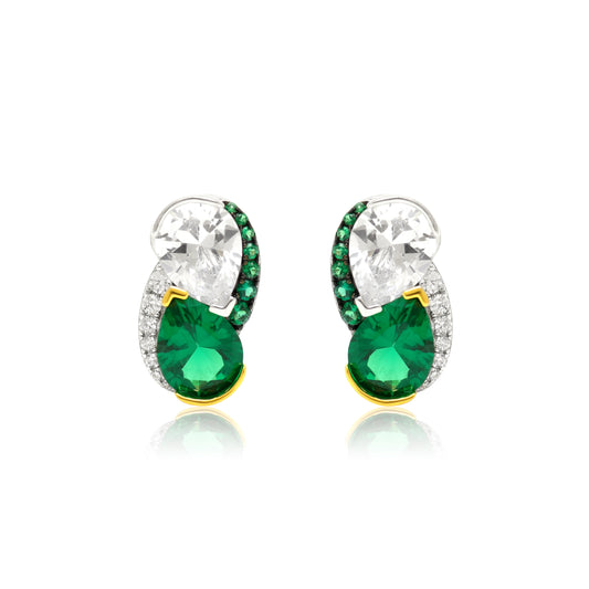 Emerald & White Stone Teardrop Stud Earrings