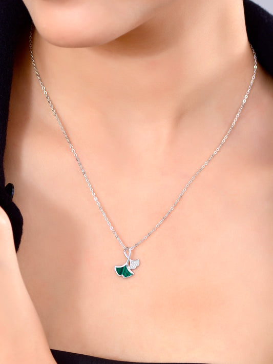 Green Ginkgo Leaf Pendant Necklace 925 Sterling Silver