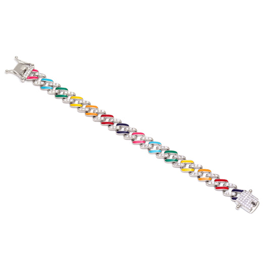 Rainbow Enamel Cuban Link Bracelet 925 Sterling Silver