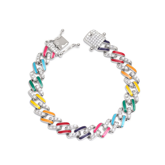 Rainbow Enamel Cuban Link Bracelet 925 Sterling Silver