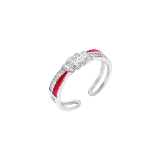 Red Enamel & CZ Cuff Ring 925 Sterling Silver