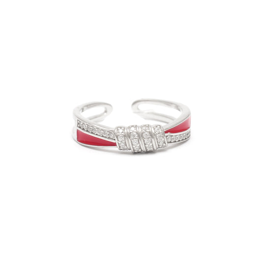 Red Enamel & CZ Cuff Ring 925 Sterling Silver