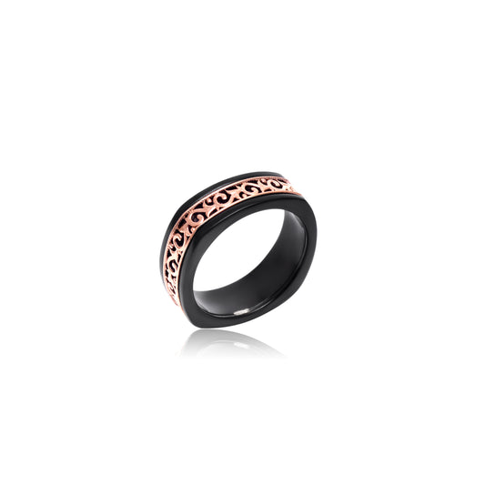 Black Ceramic & Rose Gold Filigree Band Ring 925 Sterling Silver