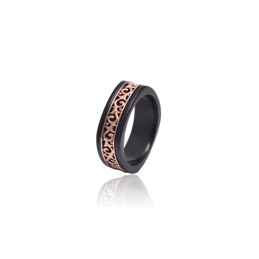 Black Ceramic & Rose Gold Filigree Band Ring 925 Sterling Silver