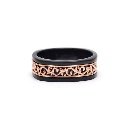 Black Ceramic & Rose Gold Filigree Band Ring 925 Sterling Silver