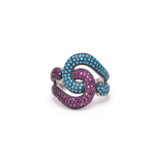 Turquoise & Pink CZ Swirl Ring 925 Sterling Silver