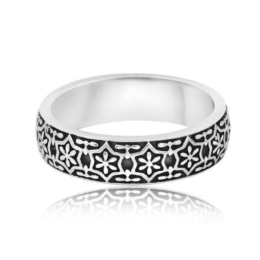 Oxidised Silver Engraved Ring Band for Men