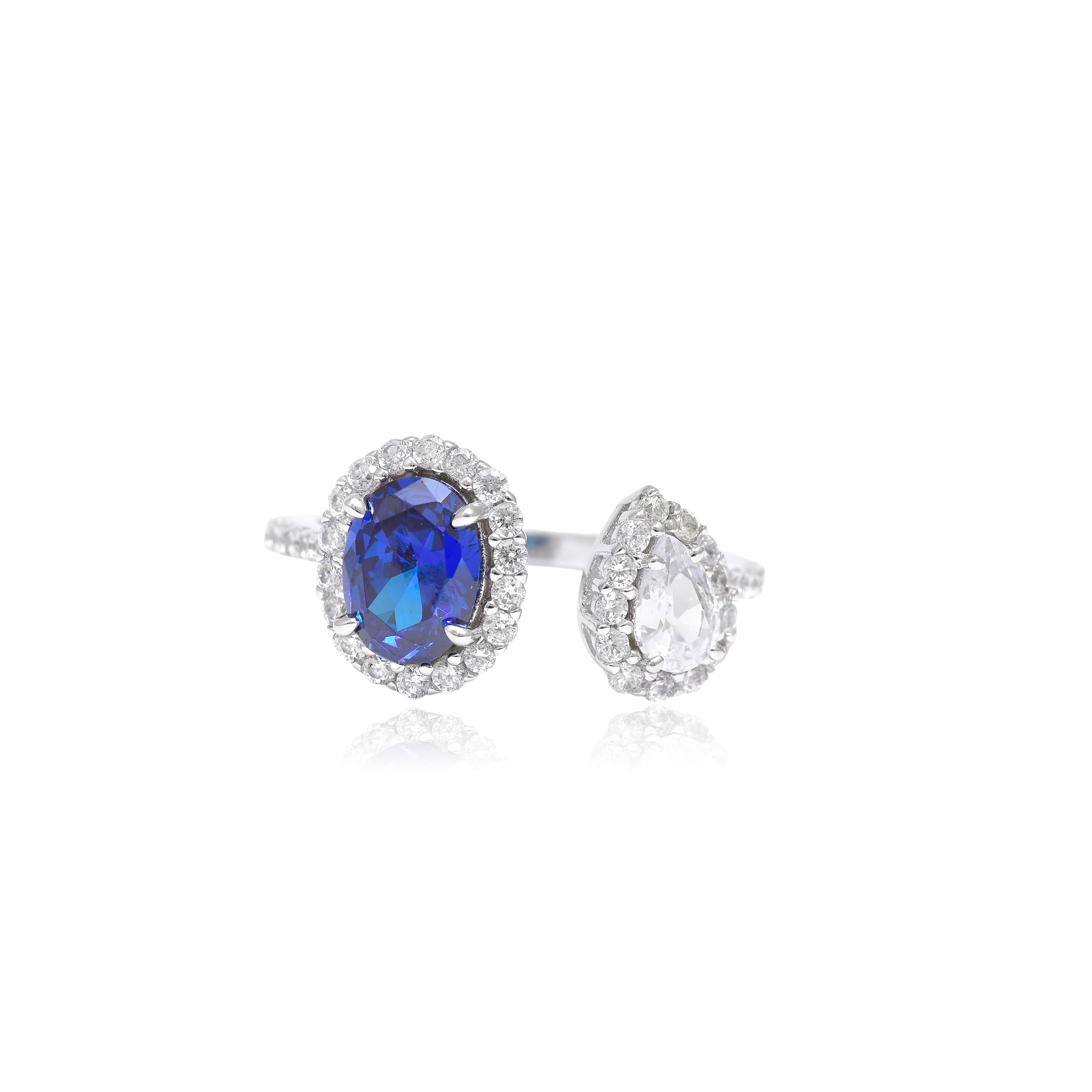 Dual Stone Open Ring – Blue & Clear Sterling Silver