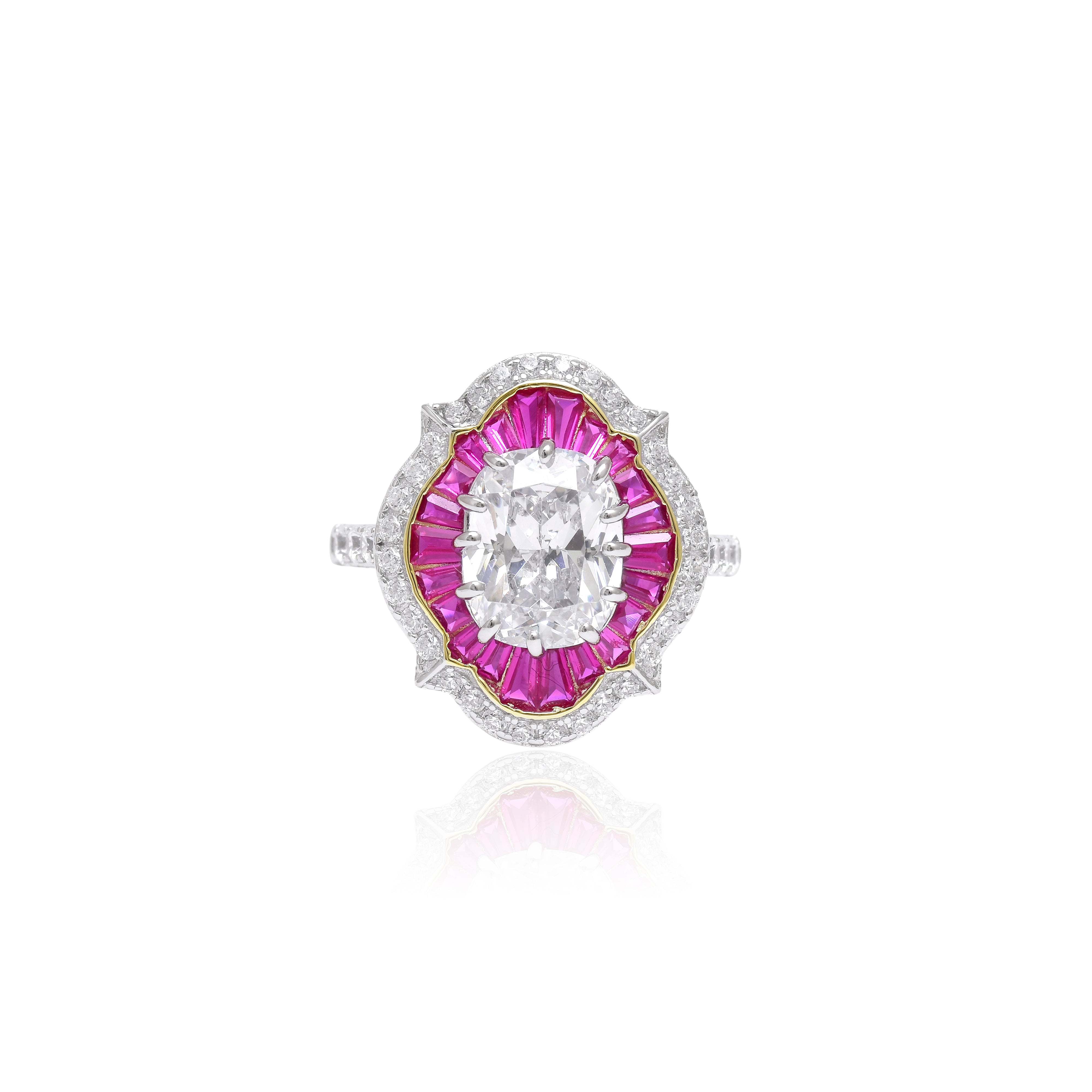 Cushion Diamond Ring with Ruby Baguette