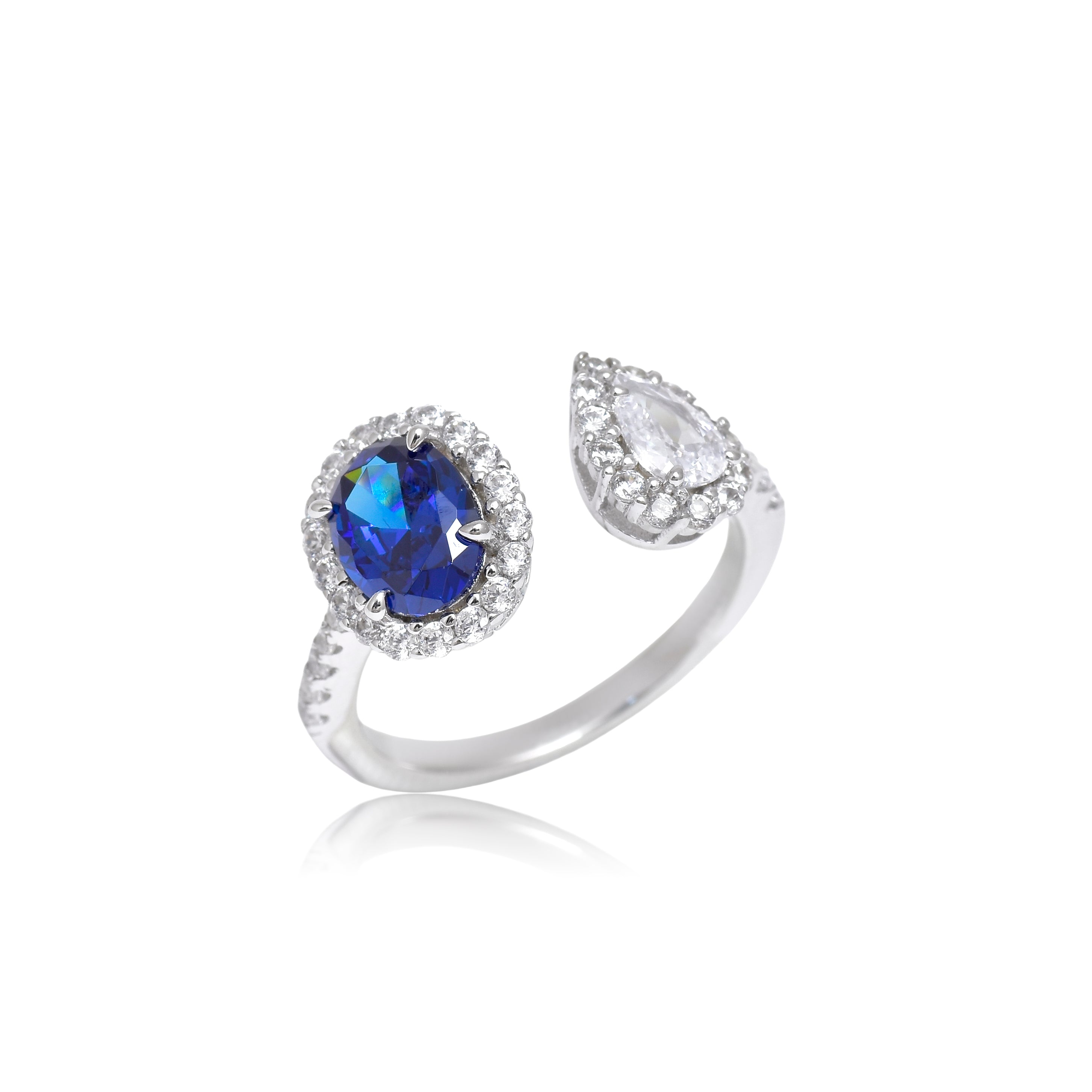 Dual Stone Open Ring – Blue & Clear Sterling Silver