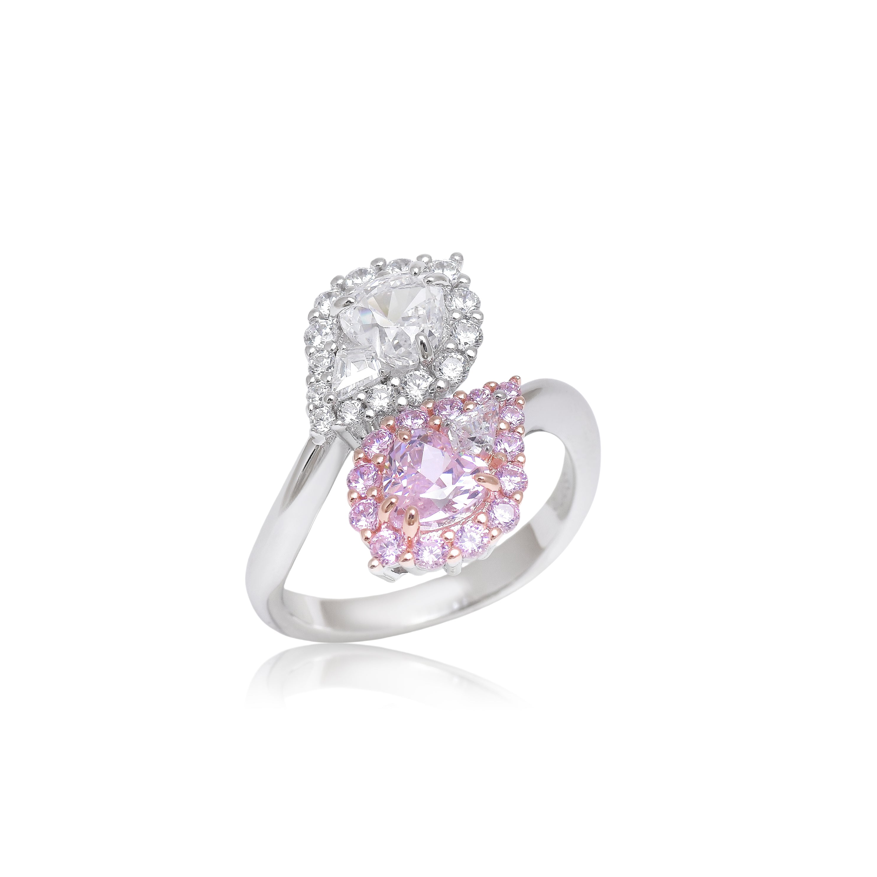Toi et Moi Pear Diamond and Pink Sapphire Double Halo Ring