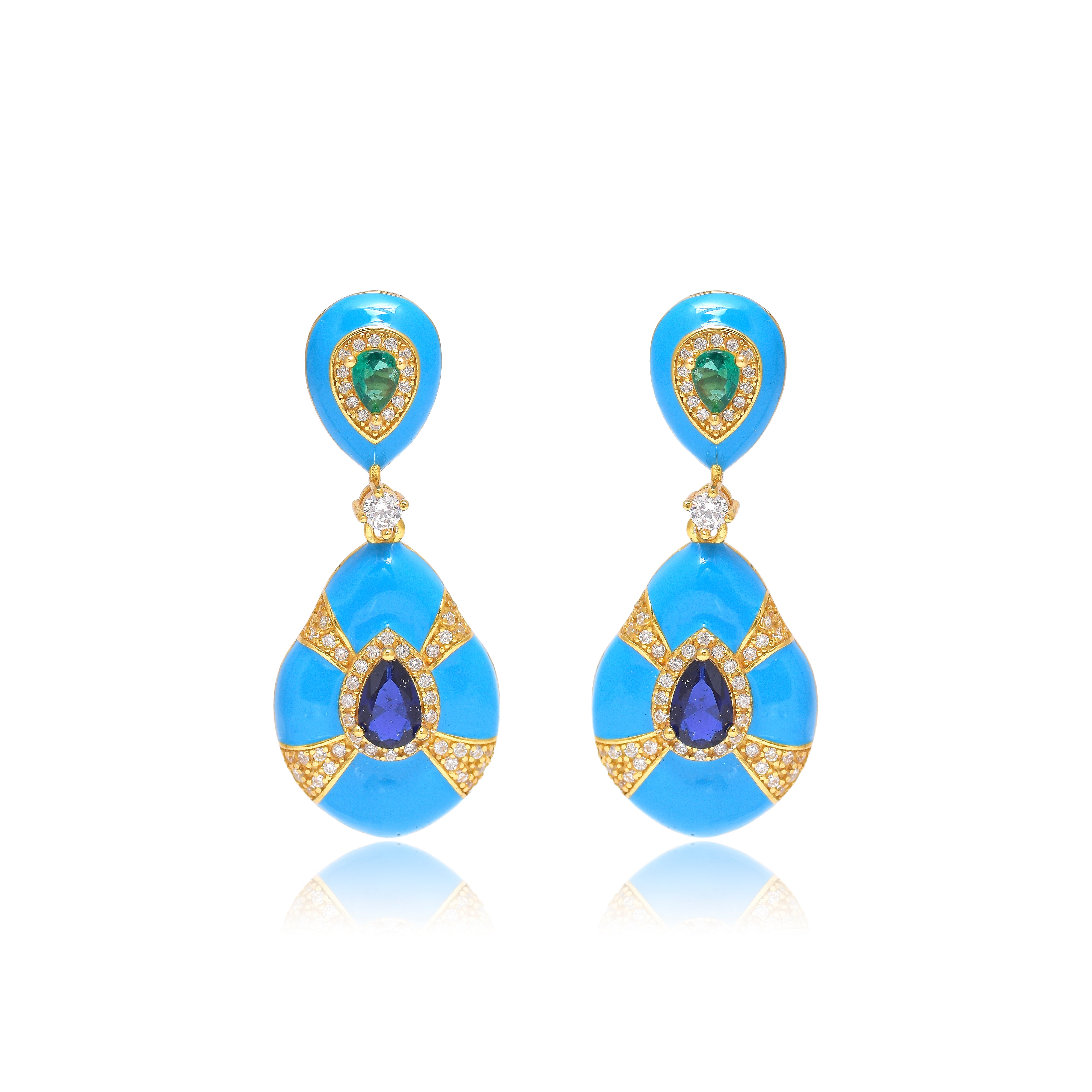 Turquoise and Sapphire Teardrop Statement Earrings in Gold Finish