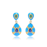 Turquoise and Sapphire Teardrop Statement Earrings in Gold Finish