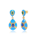 Turquoise and Sapphire Teardrop Statement Earrings in Gold Finish