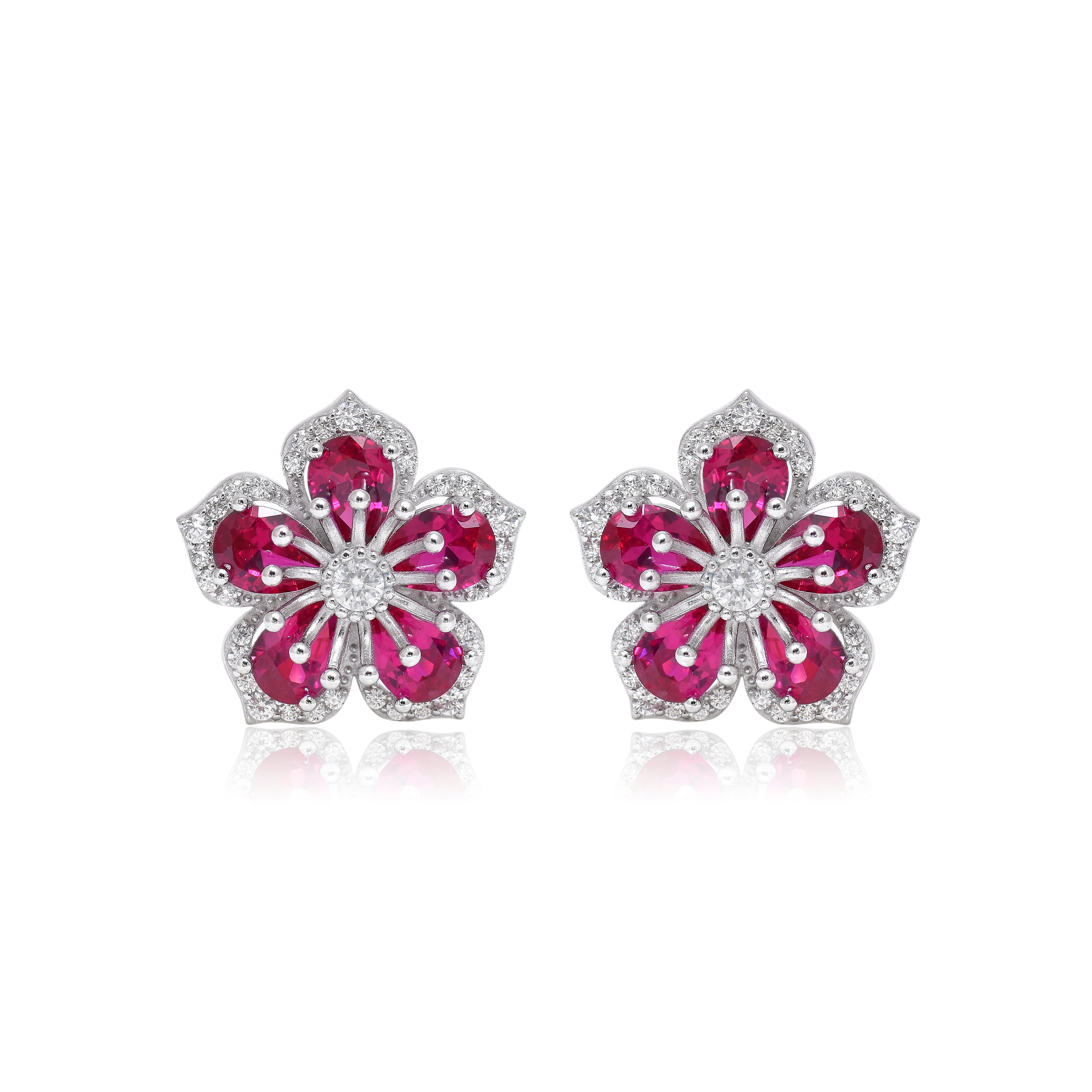 Elegant Ruby Flower Earrings in Sterling Silver