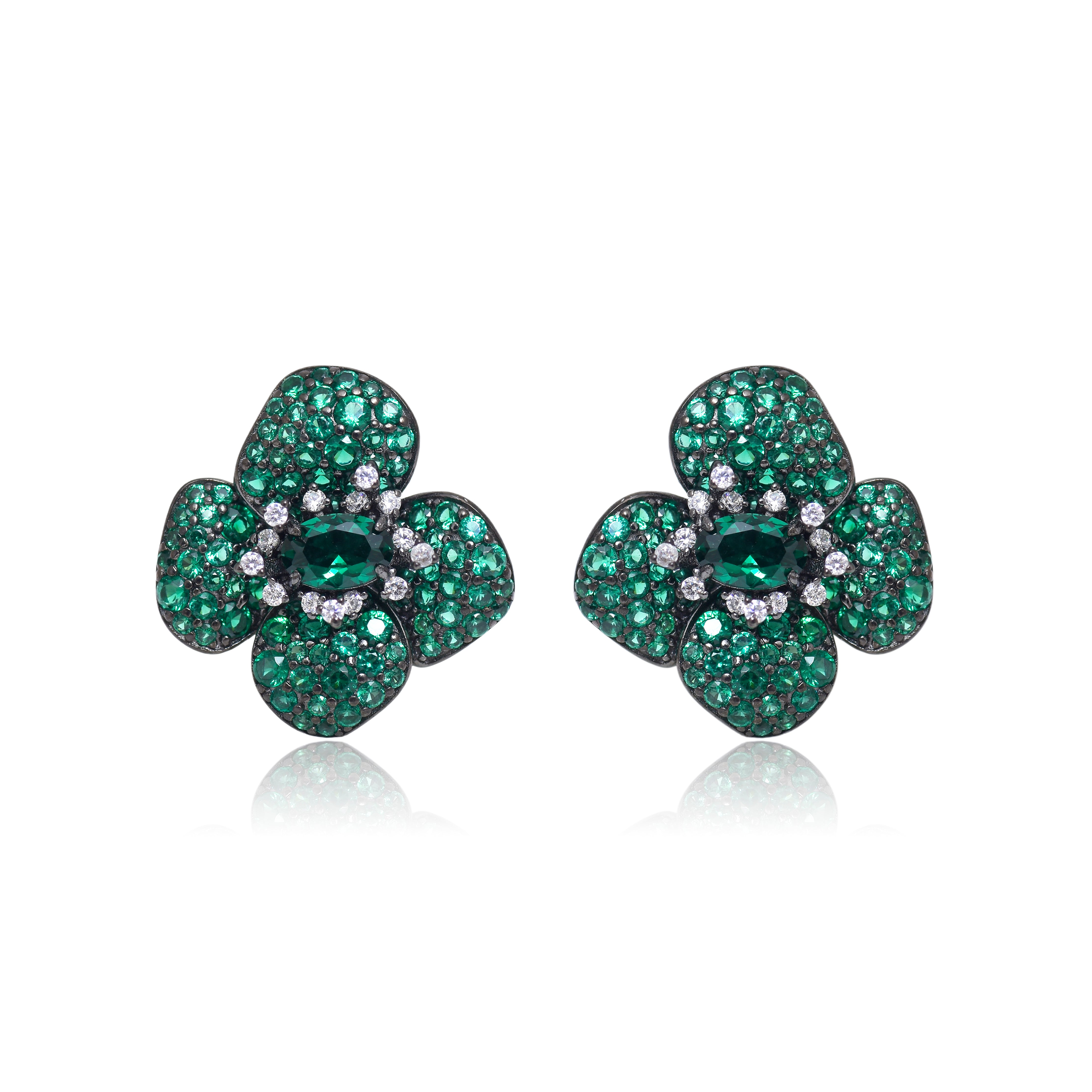 Green Floral Pavé Stud Earrings