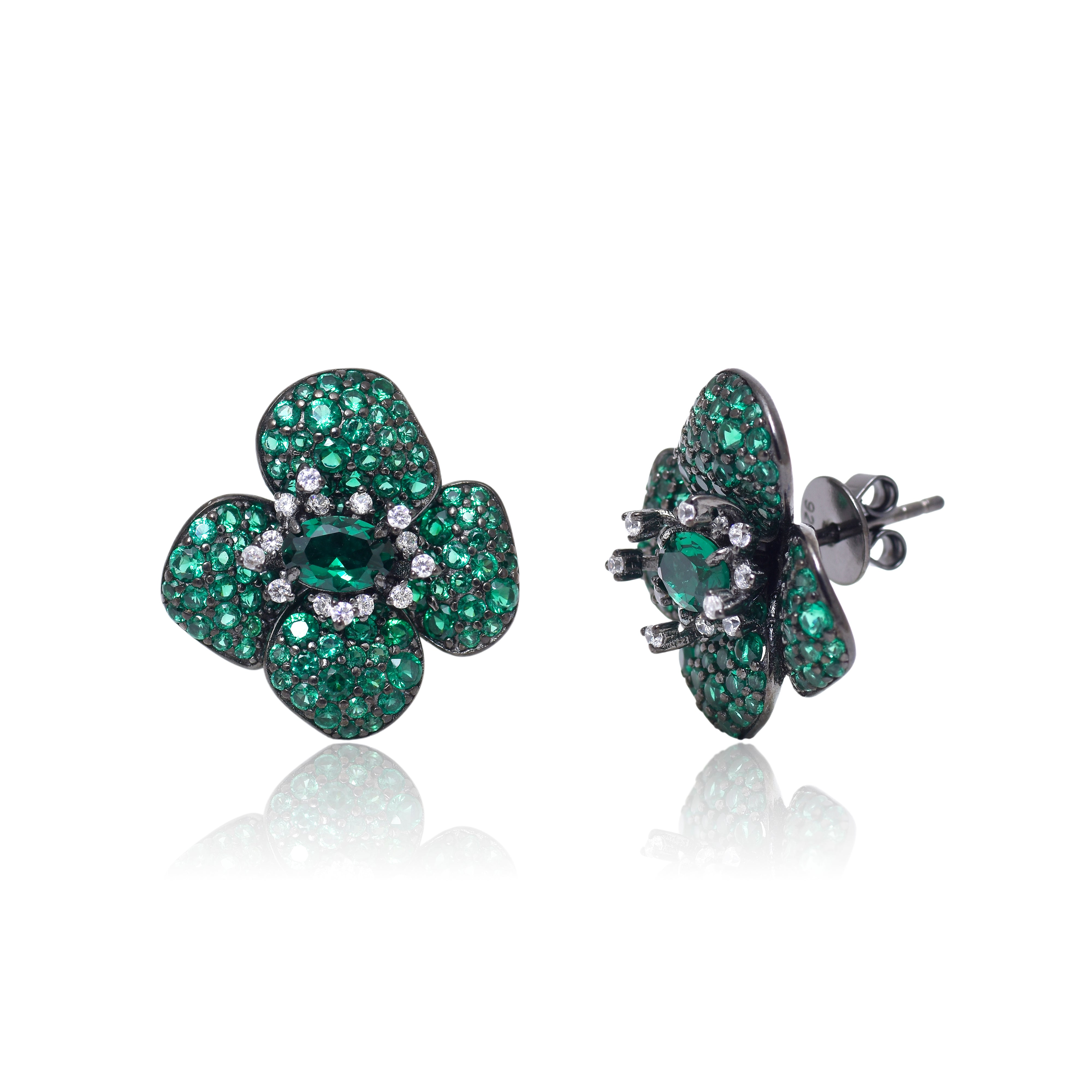 Green Floral Pavé Stud Earrings