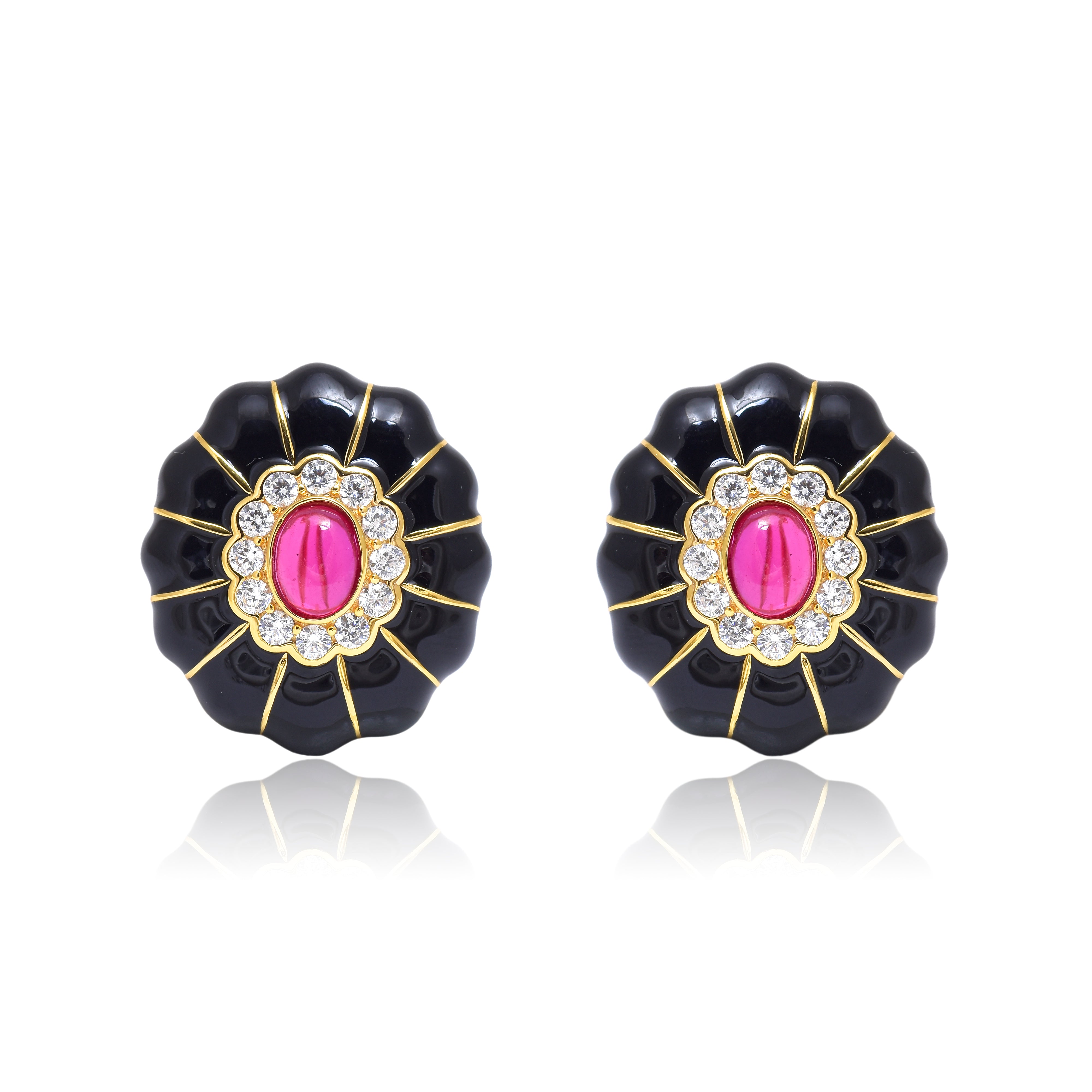 Vintage Black Enamel Flower Statement Earrings