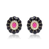 Vintage Black Enamel Flower Statement Earrings