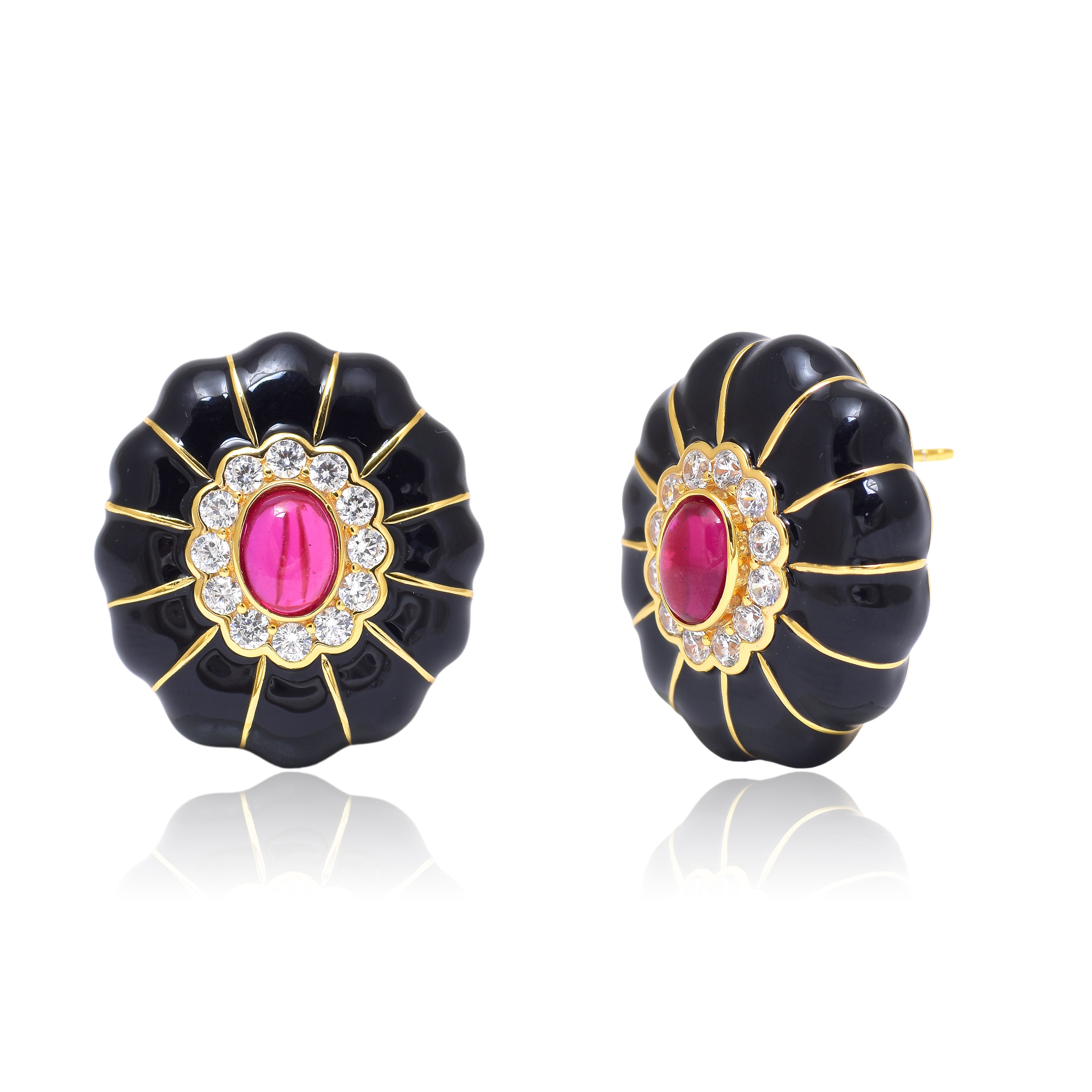 Vintage Black Enamel Flower Statement Earrings
