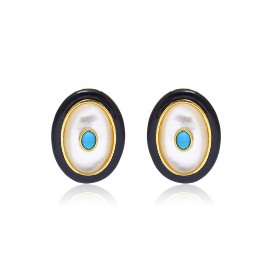 Black Enamel Mother of Pearl Turquoise Earrings
