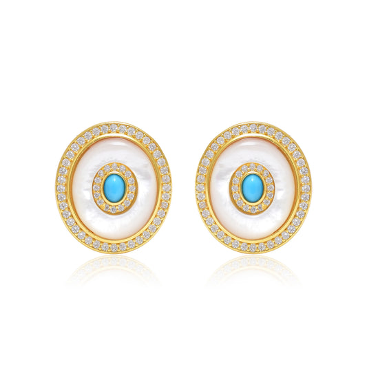 Turquoise & Mother of Pearl Halo Stud Earrings