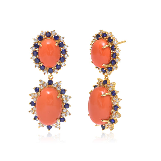 Coral Halo Drop Gemstone Earrings