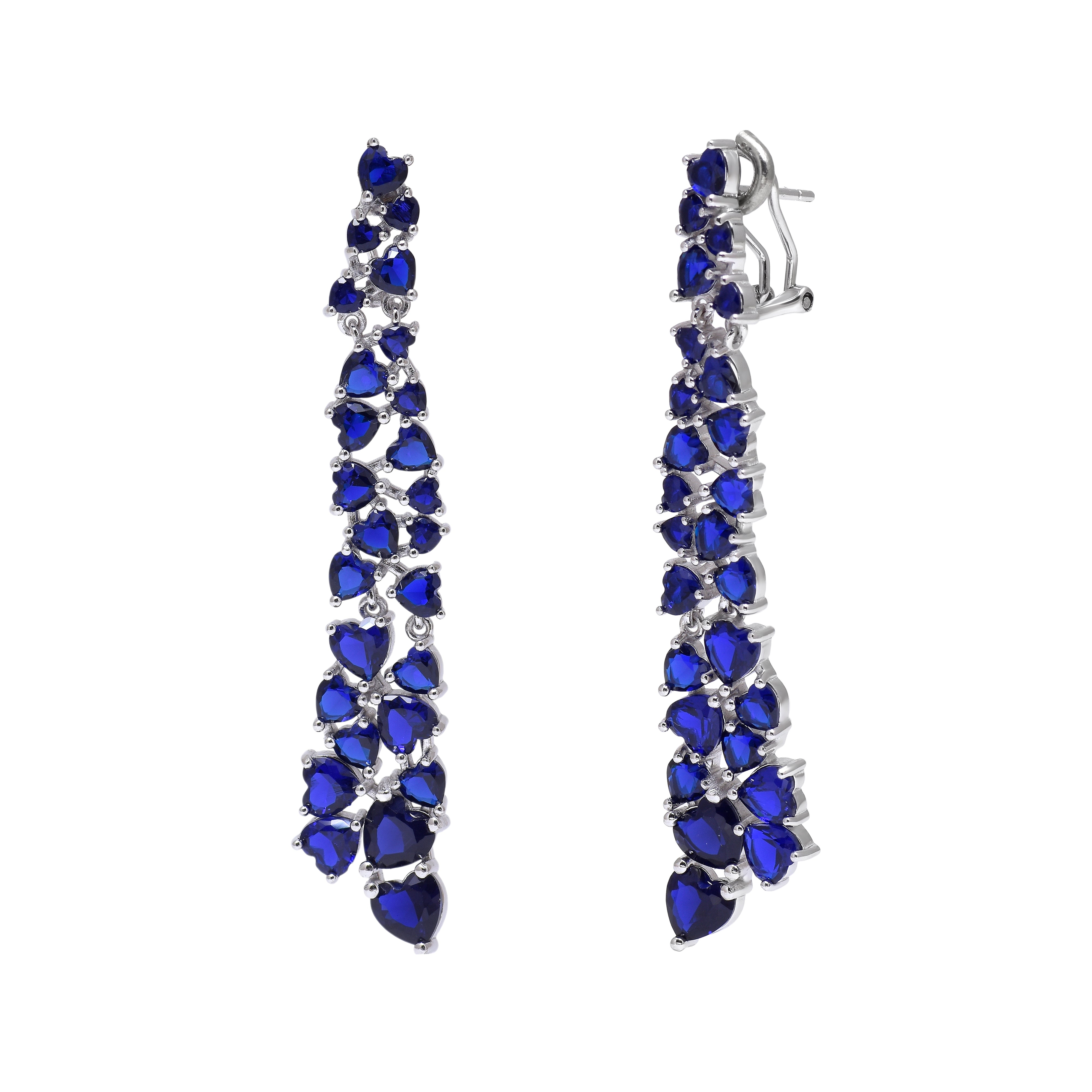 Blue Sapphire Heart Cluster Drop Earrings