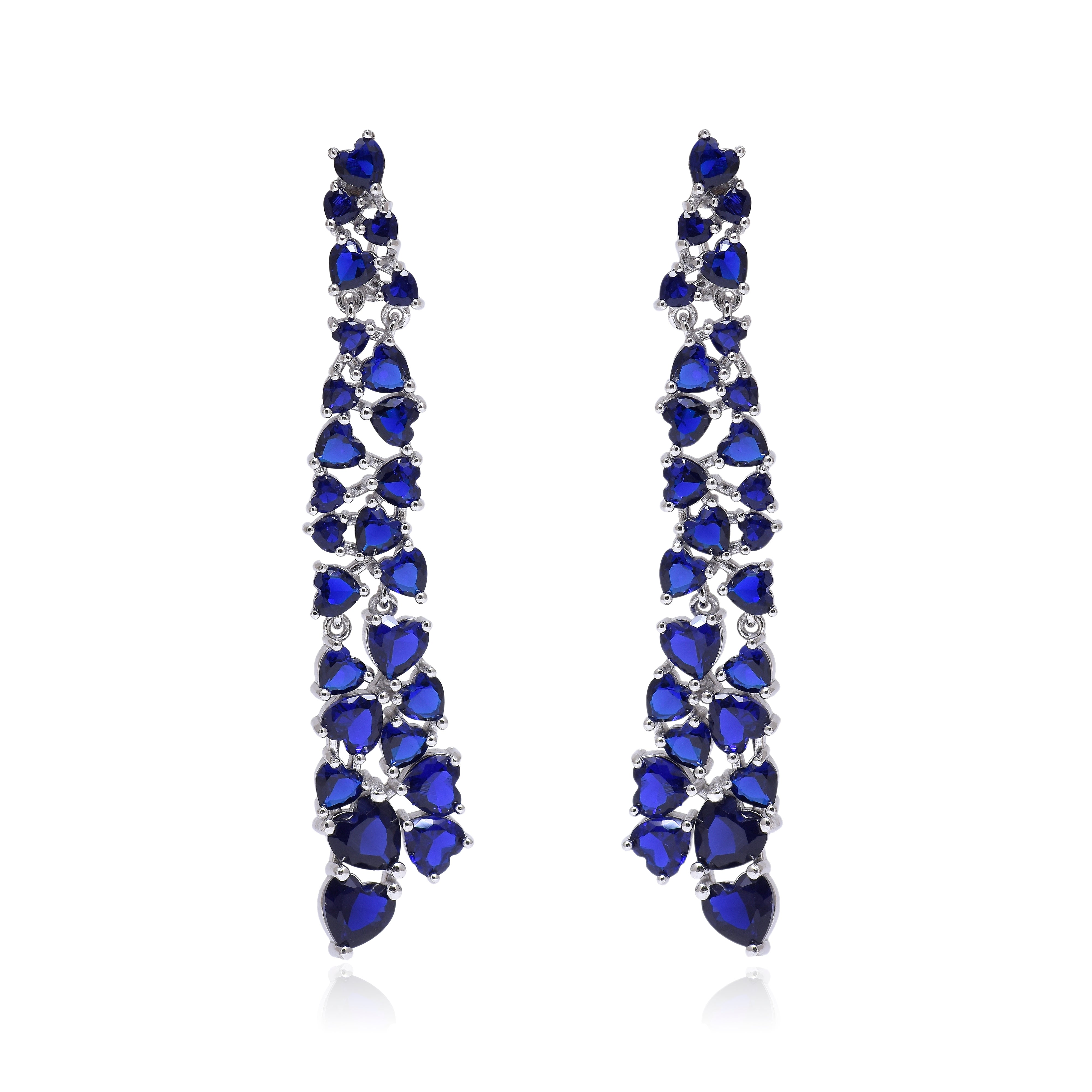 Blue Sapphire Heart Cluster Drop Earrings