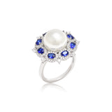 Vintage Pearl Sapphire Cocktail Ring in Sterling Silver