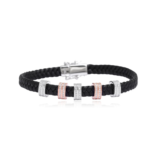 Men's Black Leather Bracelet with Silver and Rose Tone Rings