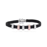 Men's Black Leather Bracelet with Silver and Rose Tone Rings