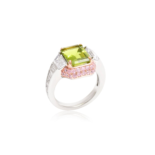 Emerald-Cut Green and Pink Halo Ring