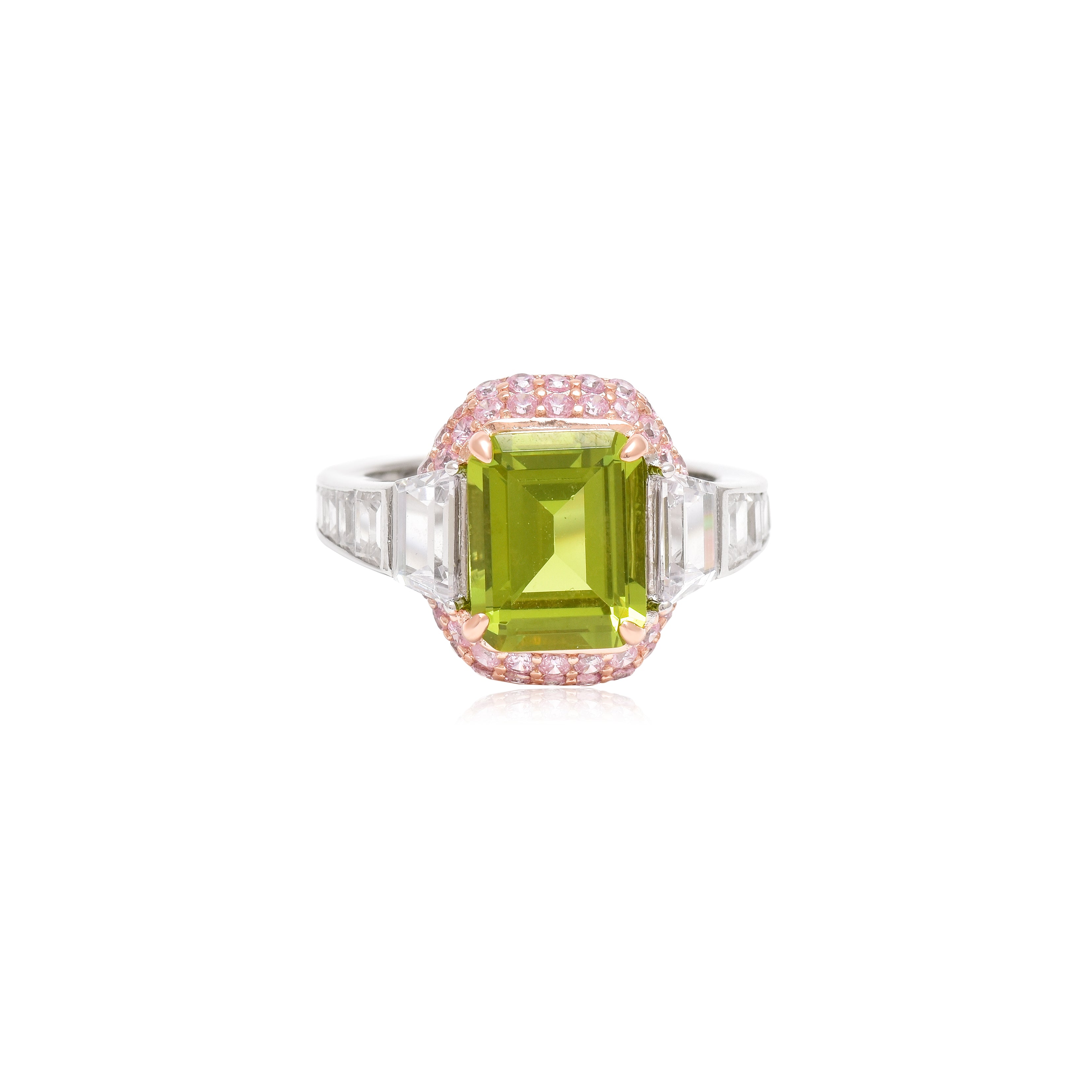 Emerald-Cut Green and Pink Halo Ring