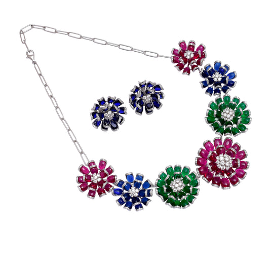 Multicolor Floral Gemstone Necklace and Earrings Set