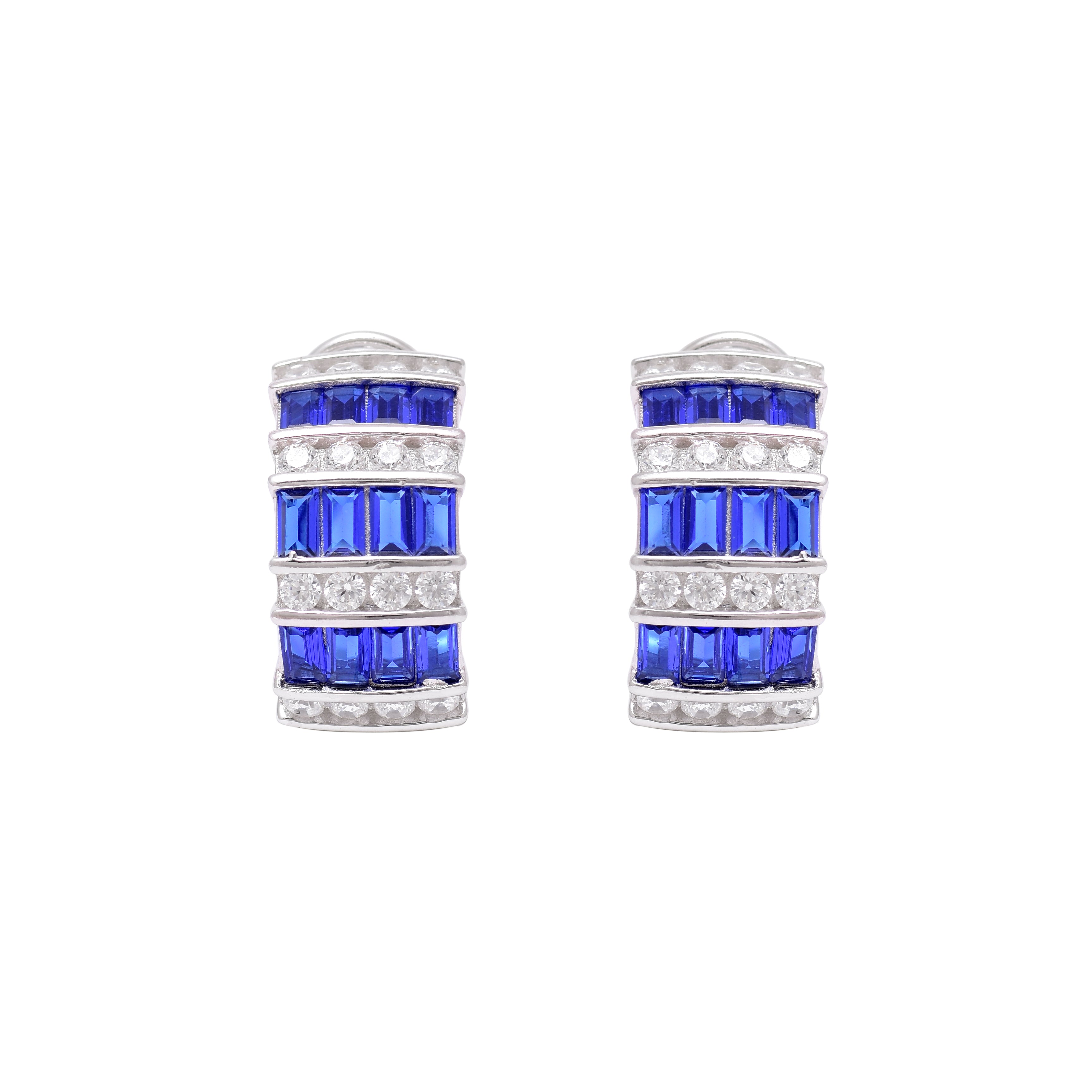 Blue Baguette Sterling Silver Hoop Earrings