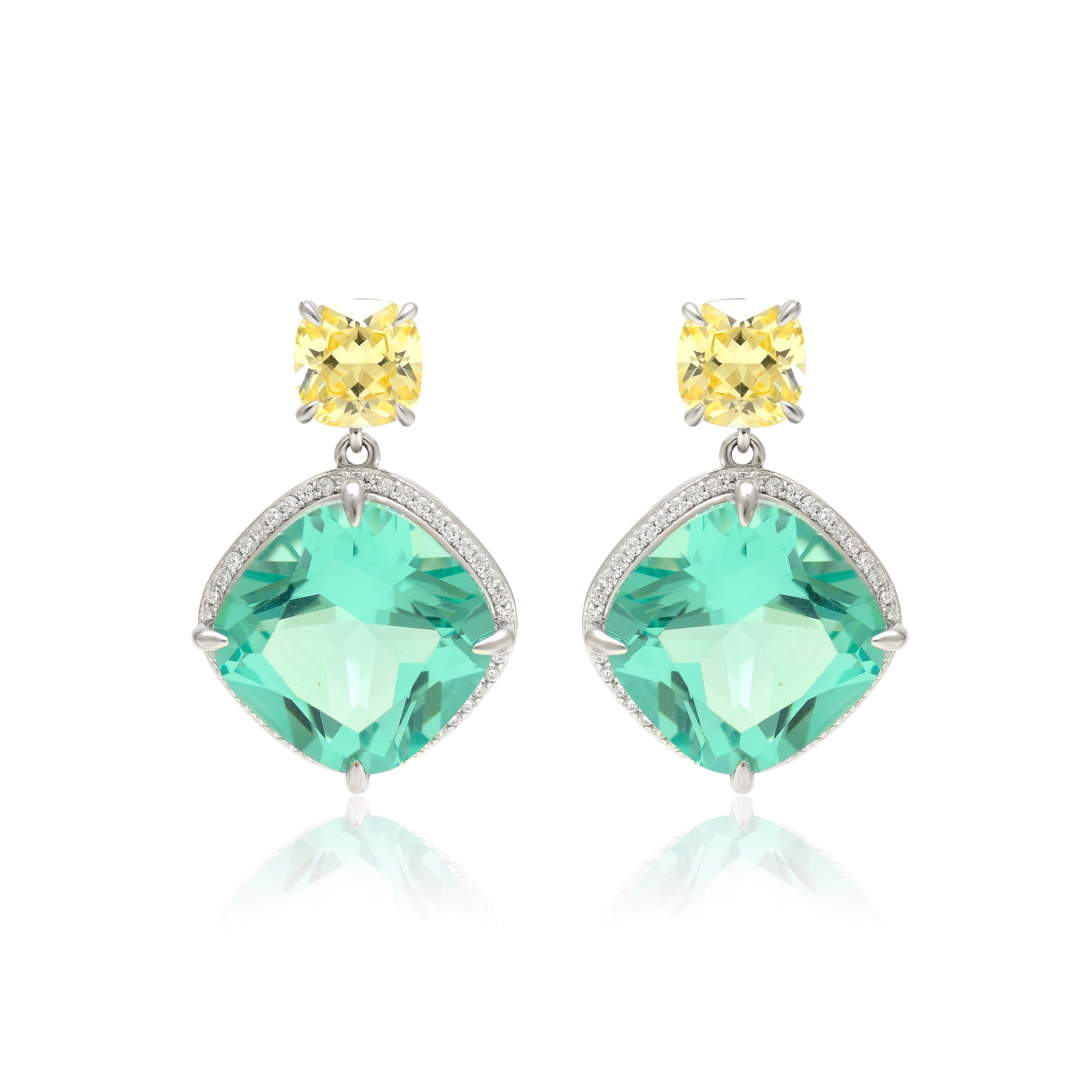 Emerald and Yellow Cushion Drop Earrings