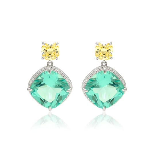 Emerald and Yellow Cushion Drop Earrings